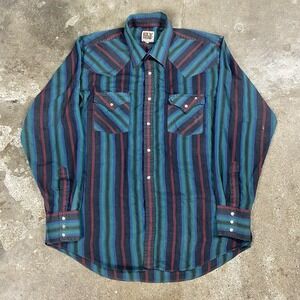 Vintage 80s Ely Cattleman Pearl Snap Size Large Multicolor Stripe Brush Popper